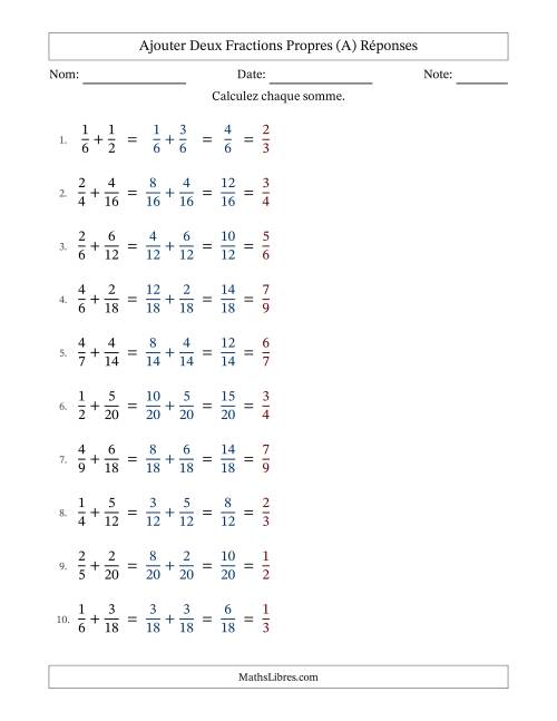 Ajouter deux fractions propres avec des dénominateurs similaires, résultats en fractions propres, et avec simplification dans tous les problèmes (Remplissable) (A) page 2