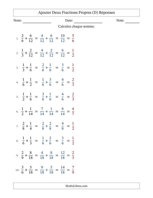 Ajouter deux fractions propres avec des dénominateurs similaires, résultats en fractions propres, et avec simplification dans tous les problèmes (Remplissable) (D) page 2