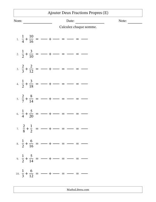 Ajouter deux fractions propres avec des dénominateurs similaires, résultats en fractions propres, et avec simplification dans tous les problèmes (Remplissable) (E)