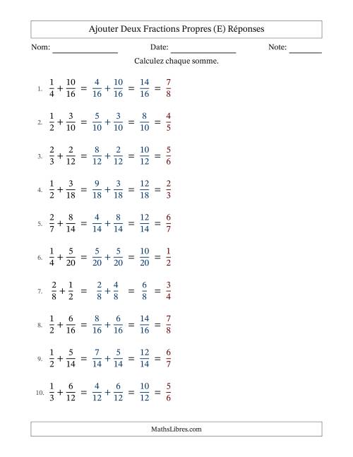 Ajouter deux fractions propres avec des dénominateurs similaires, résultats en fractions propres, et avec simplification dans tous les problèmes (Remplissable) (E) page 2