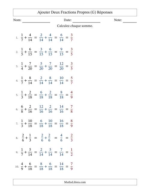 Ajouter deux fractions propres avec des dénominateurs similaires, résultats en fractions propres, et avec simplification dans tous les problèmes (Remplissable) (G) page 2