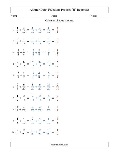 Ajouter deux fractions propres avec des dénominateurs similaires, résultats en fractions propres, et avec simplification dans tous les problèmes (Remplissable) (H) page 2
