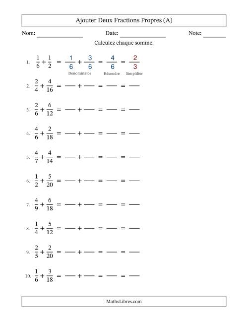 Ajouter deux fractions propres avec des dénominateurs similaires, résultats en fractions propres, et avec simplification dans tous les problèmes (Remplissable) (Tout)