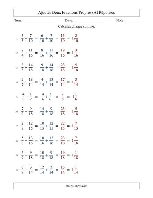 Ajouter deux fractions propres avec des dénominateurs similaires, résultats en fractions mixtes, et sans simplification (Remplissable) (A) page 2
