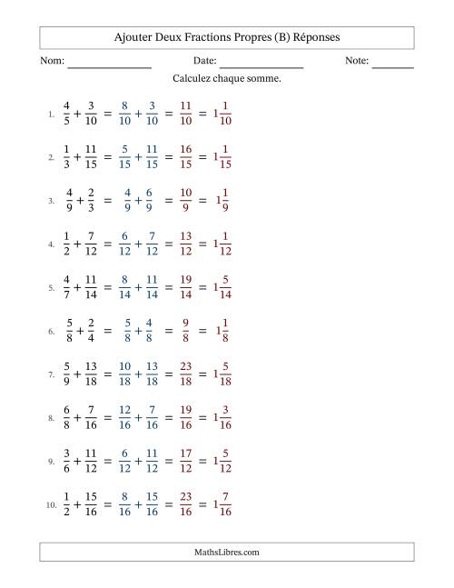 Ajouter deux fractions propres avec des dénominateurs similaires, résultats en fractions mixtes, et sans simplification (Remplissable) (B) page 2