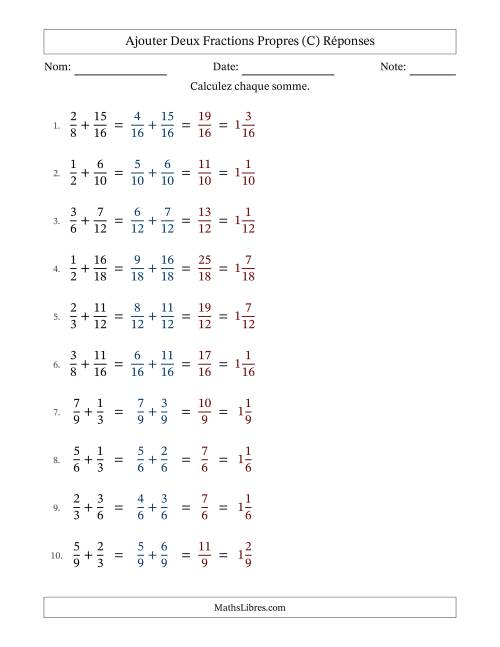 Ajouter deux fractions propres avec des dénominateurs similaires, résultats en fractions mixtes, et sans simplification (Remplissable) (C) page 2