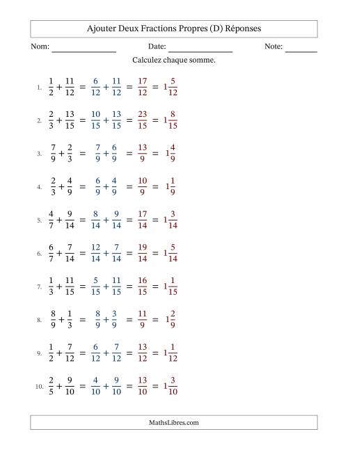Ajouter deux fractions propres avec des dénominateurs similaires, résultats en fractions mixtes, et sans simplification (Remplissable) (D) page 2