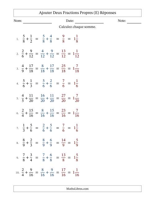 Ajouter deux fractions propres avec des dénominateurs similaires, résultats en fractions mixtes, et sans simplification (Remplissable) (E) page 2