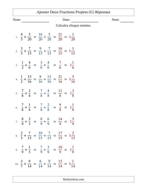 Ajouter deux fractions propres avec des dénominateurs similaires, résultats en fractions mixtes, et sans simplification (Remplissable) (G) page 2