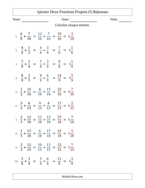 Ajouter deux fractions propres avec des dénominateurs similaires, résultats en fractions mixtes, et sans simplification (Remplissable) (I) page 2