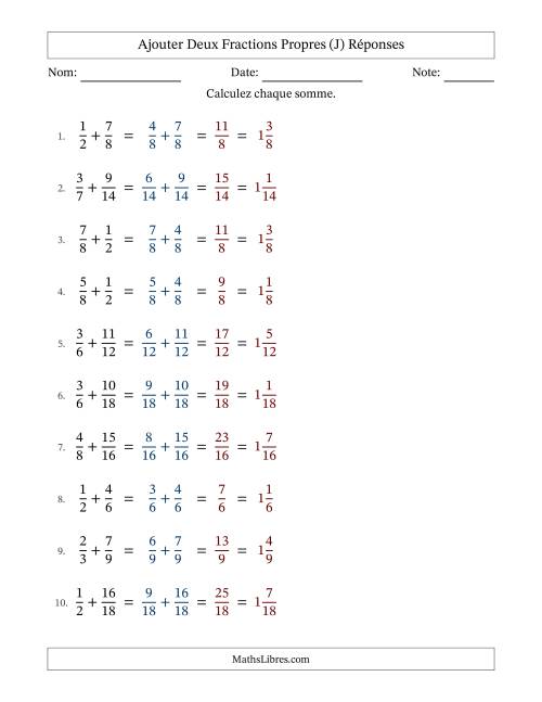 Ajouter deux fractions propres avec des dénominateurs similaires, résultats en fractions mixtes, et sans simplification (Remplissable) (J) page 2