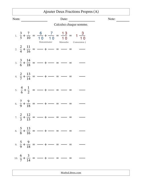 Ajouter deux fractions propres avec des dénominateurs similaires, résultats en fractions mixtes, et sans simplification (Remplissable) (Tout)