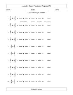 Ajouter deux fractions propres avec des dénominateurs similaires, résultats en fractions mixtes, et avec simplification dans tous les problèmes (Remplissable)