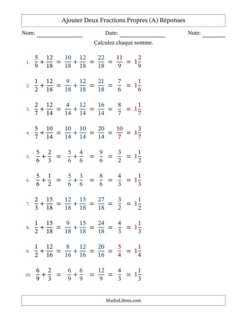 Ajouter deux fractions propres avec des dénominateurs similaires, résultats en fractions mixtes, et avec simplification dans tous les problèmes (Remplissable) (A) page 2