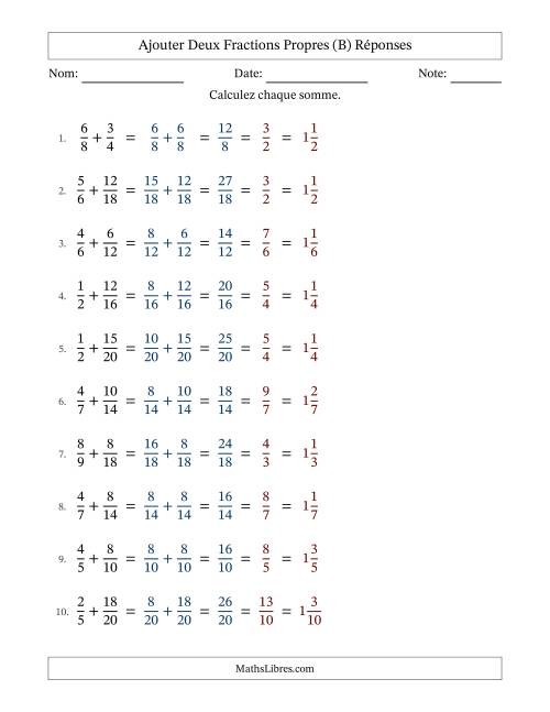 Ajouter deux fractions propres avec des dénominateurs similaires, résultats en fractions mixtes, et avec simplification dans tous les problèmes (Remplissable) (B) page 2