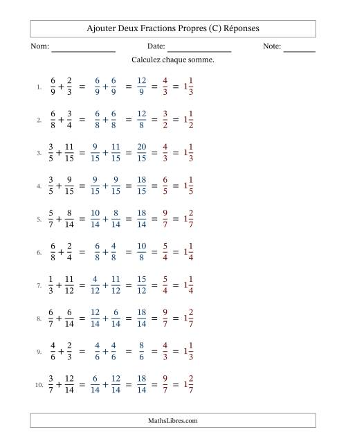 Ajouter deux fractions propres avec des dénominateurs similaires, résultats en fractions mixtes, et avec simplification dans tous les problèmes (Remplissable) (C) page 2