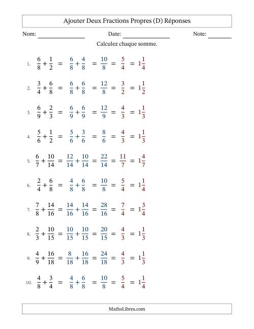 Ajouter deux fractions propres avec des dénominateurs similaires, résultats en fractions mixtes, et avec simplification dans tous les problèmes (Remplissable) (D) page 2