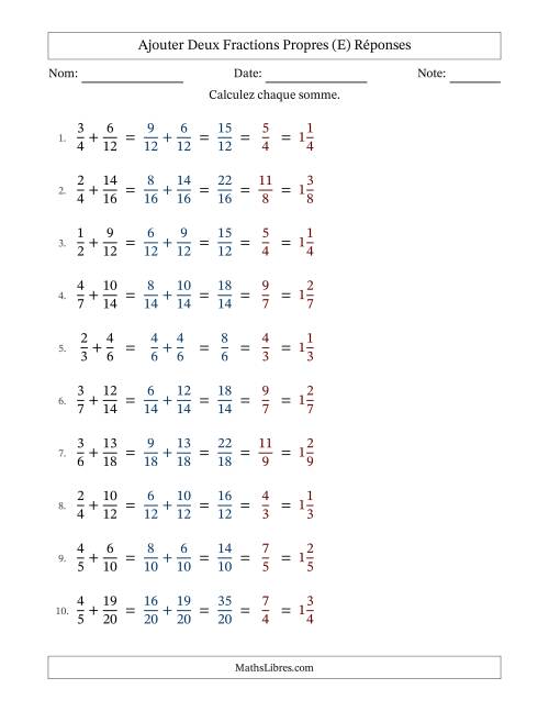 Ajouter deux fractions propres avec des dénominateurs similaires, résultats en fractions mixtes, et avec simplification dans tous les problèmes (Remplissable) (E) page 2