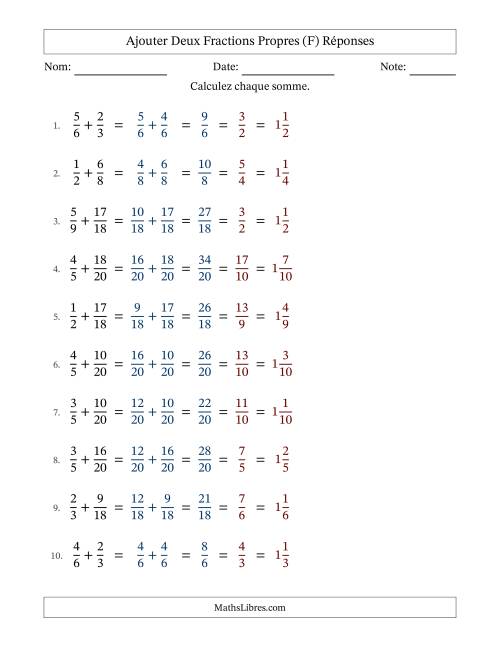 Ajouter deux fractions propres avec des dénominateurs similaires, résultats en fractions mixtes, et avec simplification dans tous les problèmes (Remplissable) (F) page 2