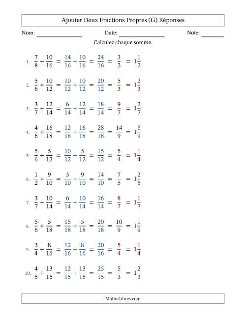 Ajouter deux fractions propres avec des dénominateurs similaires, résultats en fractions mixtes, et avec simplification dans tous les problèmes (Remplissable) (G) page 2