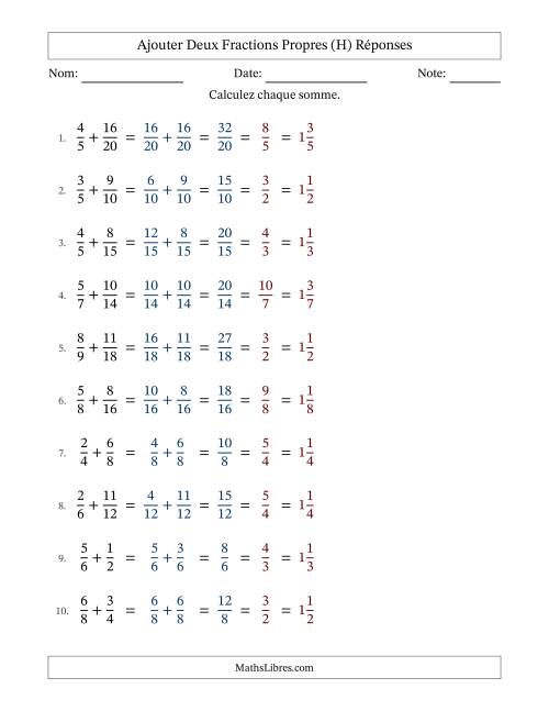 Ajouter deux fractions propres avec des dénominateurs similaires, résultats en fractions mixtes, et avec simplification dans tous les problèmes (Remplissable) (H) page 2