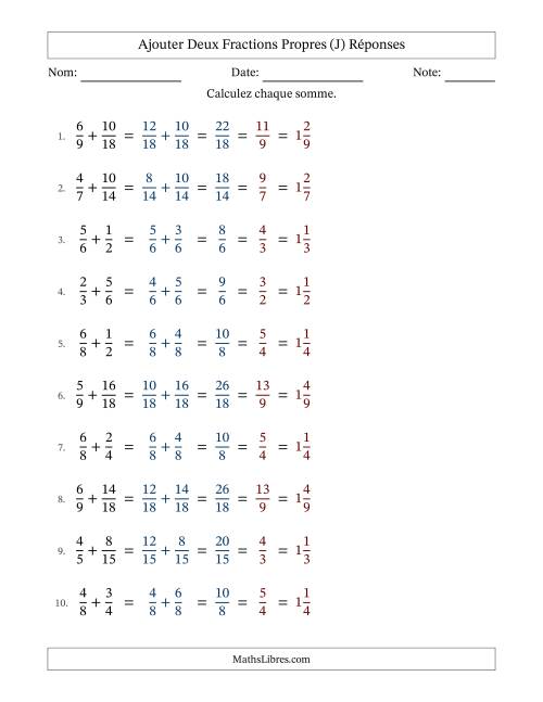 Ajouter deux fractions propres avec des dénominateurs similaires, résultats en fractions mixtes, et avec simplification dans tous les problèmes (Remplissable) (J) page 2