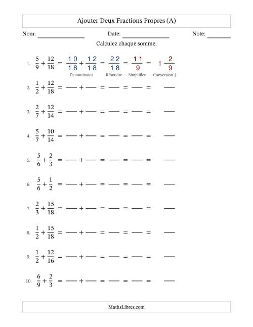 Ajouter deux fractions propres avec des dénominateurs similaires, résultats en fractions mixtes, et avec simplification dans tous les problèmes (Remplissable) (Tout)