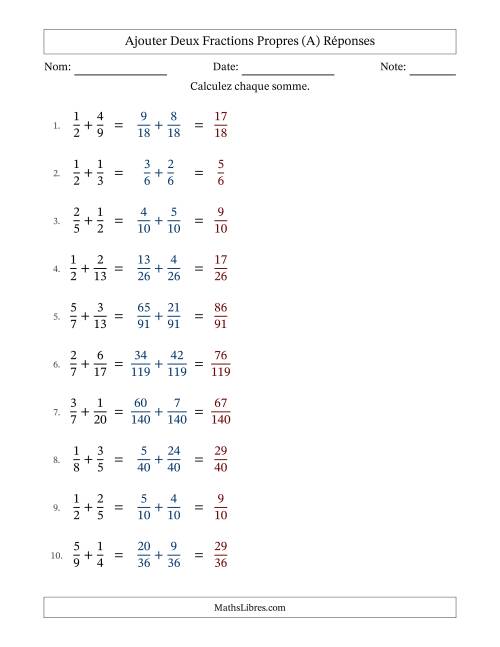 Ajouter deux fractions propres avec des dénominateurs différents, résultats en fractions propres, et sans simplification (Remplissable) (A) page 2