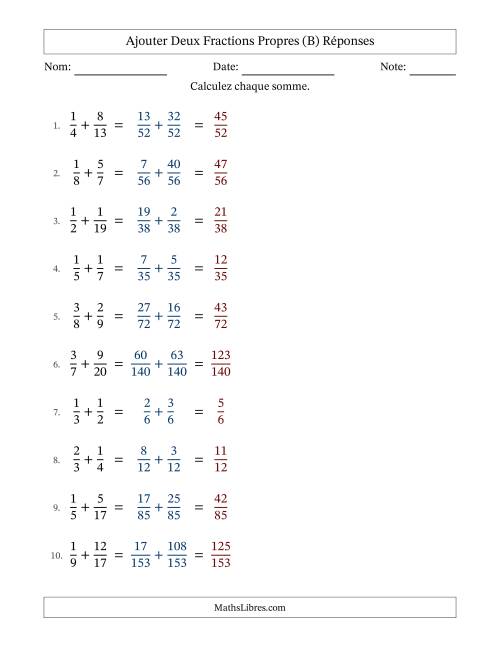 Ajouter deux fractions propres avec des dénominateurs différents, résultats en fractions propres, et sans simplification (Remplissable) (B) page 2