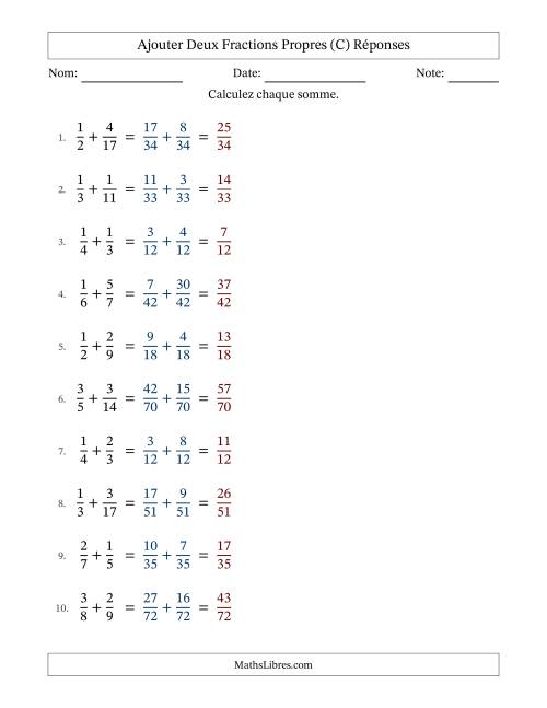 Ajouter deux fractions propres avec des dénominateurs différents, résultats en fractions propres, et sans simplification (Remplissable) (C) page 2