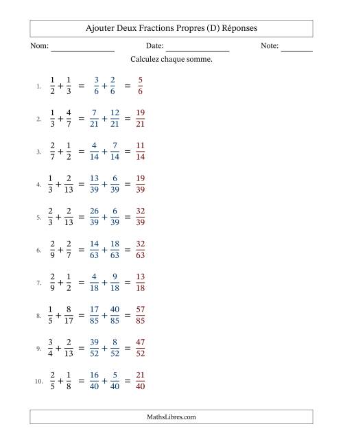 Ajouter deux fractions propres avec des dénominateurs différents, résultats en fractions propres, et sans simplification (Remplissable) (D) page 2