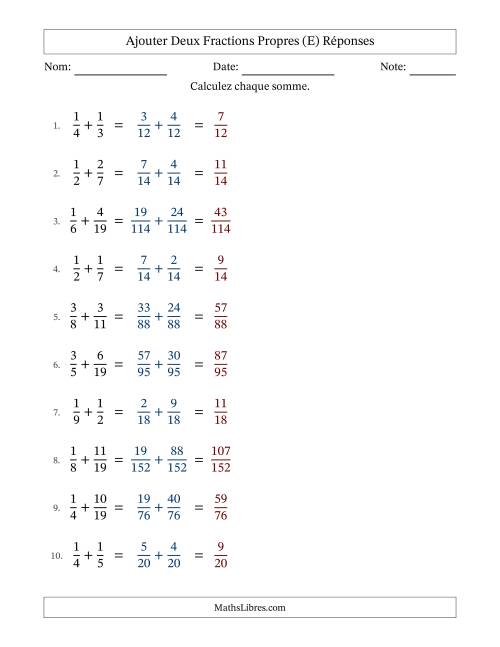 Ajouter deux fractions propres avec des dénominateurs différents, résultats en fractions propres, et sans simplification (Remplissable) (E) page 2
