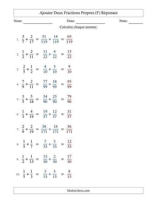 Ajouter deux fractions propres avec des dénominateurs différents, résultats en fractions propres, et sans simplification (Remplissable) (F) page 2