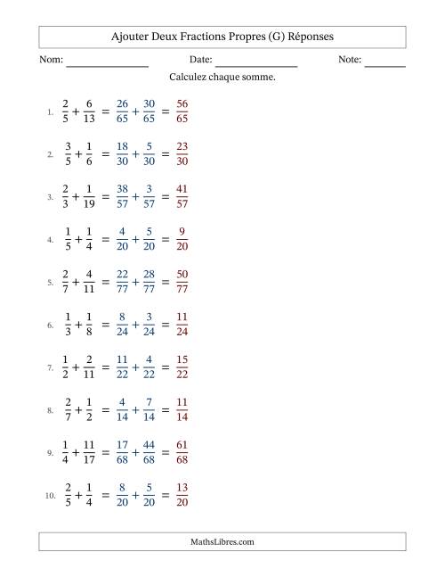 Ajouter deux fractions propres avec des dénominateurs différents, résultats en fractions propres, et sans simplification (Remplissable) (G) page 2