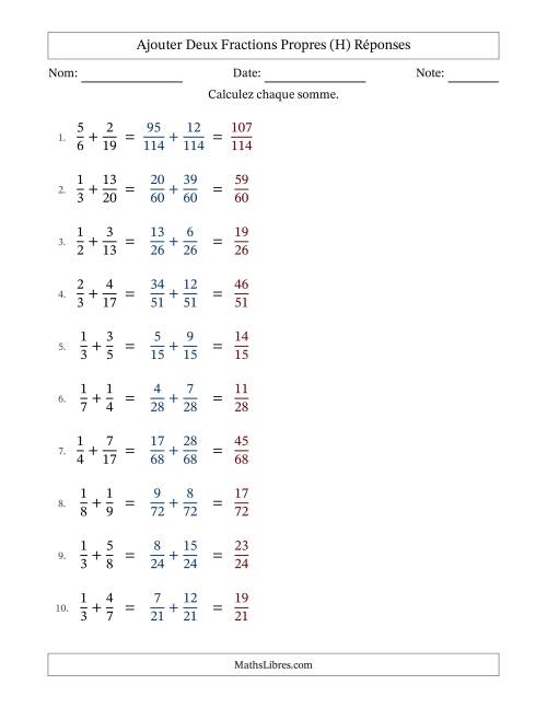 Ajouter deux fractions propres avec des dénominateurs différents, résultats en fractions propres, et sans simplification (Remplissable) (H) page 2