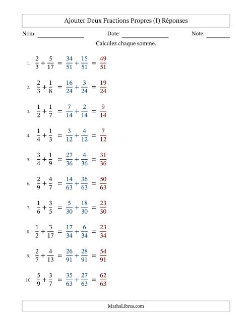 Ajouter deux fractions propres avec des dénominateurs différents, résultats en fractions propres, et sans simplification (Remplissable) (I) page 2