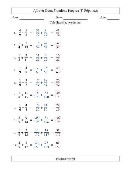 Ajouter deux fractions propres avec des dénominateurs différents, résultats en fractions propres, et sans simplification (Remplissable) (J) page 2