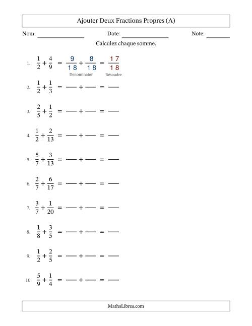 Ajouter deux fractions propres avec des dénominateurs différents, résultats en fractions propres, et sans simplification (Remplissable) (Tout)
