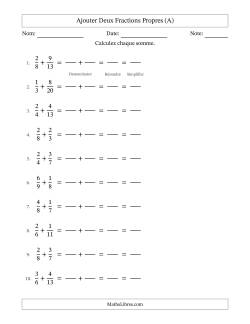 Ajouter deux fractions propres avec des dénominateurs différents, résultats en fractions propres, et avec simplification dans tous les problèmes (Remplissable)