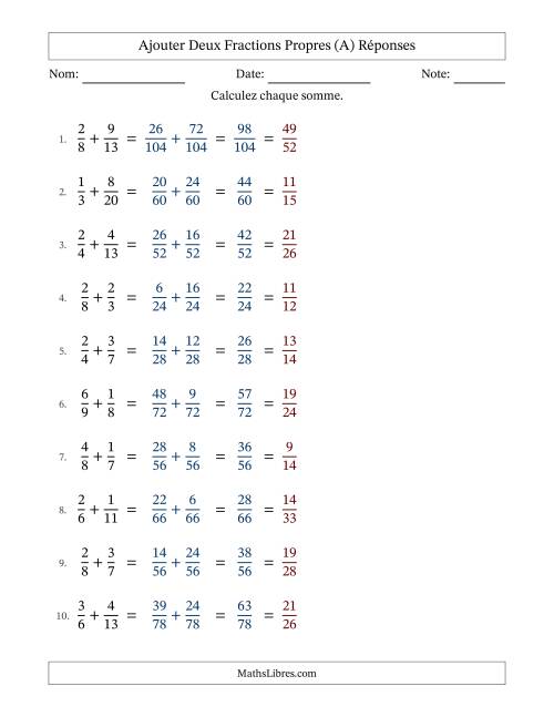 Ajouter deux fractions propres avec des dénominateurs différents, résultats en fractions propres, et avec simplification dans tous les problèmes (Remplissable) (A) page 2