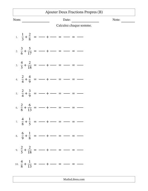 Ajouter deux fractions propres avec des dénominateurs différents, résultats en fractions propres, et avec simplification dans tous les problèmes (Remplissable) (B)