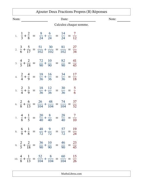Ajouter deux fractions propres avec des dénominateurs différents, résultats en fractions propres, et avec simplification dans tous les problèmes (Remplissable) (B) page 2