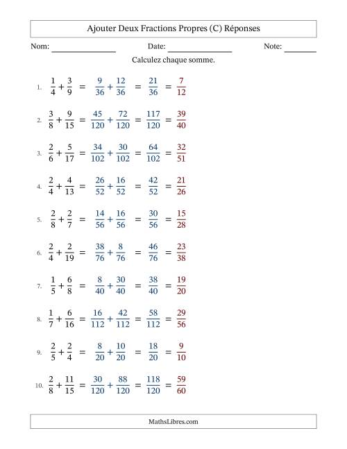 Ajouter deux fractions propres avec des dénominateurs différents, résultats en fractions propres, et avec simplification dans tous les problèmes (Remplissable) (C) page 2