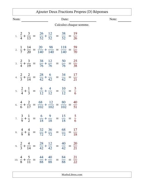 Ajouter deux fractions propres avec des dénominateurs différents, résultats en fractions propres, et avec simplification dans tous les problèmes (Remplissable) (D) page 2
