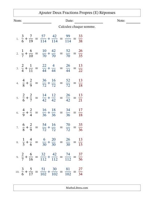 Ajouter deux fractions propres avec des dénominateurs différents, résultats en fractions propres, et avec simplification dans tous les problèmes (Remplissable) (E) page 2