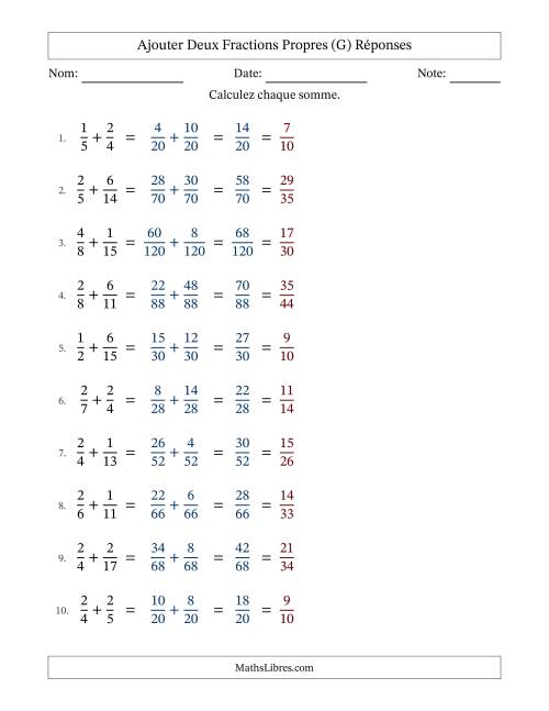 Ajouter deux fractions propres avec des dénominateurs différents, résultats en fractions propres, et avec simplification dans tous les problèmes (Remplissable) (G) page 2