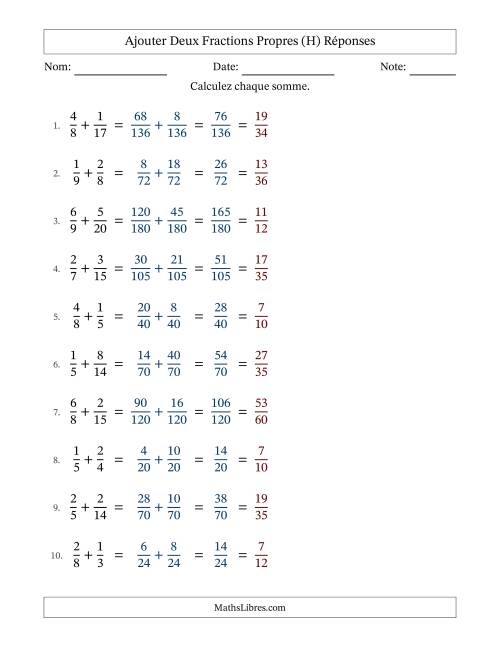 Ajouter deux fractions propres avec des dénominateurs différents, résultats en fractions propres, et avec simplification dans tous les problèmes (Remplissable) (H) page 2