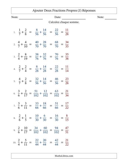 Ajouter deux fractions propres avec des dénominateurs différents, résultats en fractions propres, et avec simplification dans tous les problèmes (Remplissable) (J) page 2