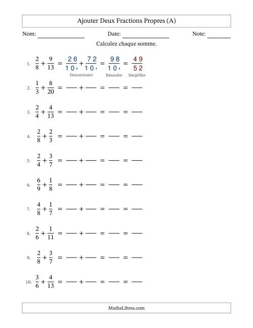 Ajouter deux fractions propres avec des dénominateurs différents, résultats en fractions propres, et avec simplification dans tous les problèmes (Remplissable) (Tout)