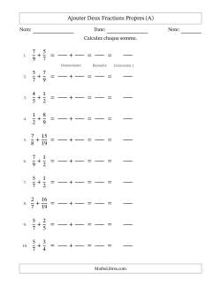 Ajouter deux fractions propres avec des dénominateurs différents, résultats en fractions mixtes, et sans simplification (Remplissable)